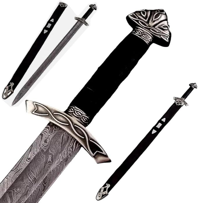 Viking Sword – Real Damascus Steel Battle-Ready Northman Swords | Handmade Functional Viking Sword Prop | Gift for Him Prop Tools with Origional Leather Scabbard