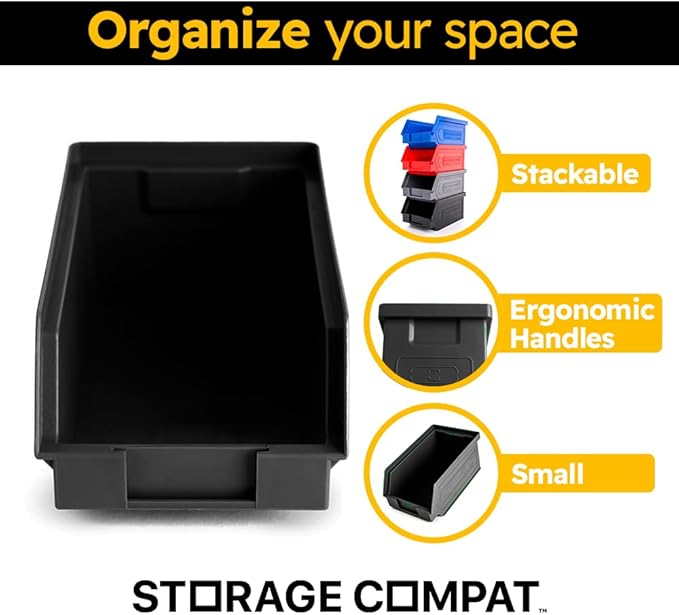 24 Pack Plastic Storage Bins Hanging Stackable Storage Organizer Bin for Warehouses Workshops 7-Inch x 4-Inch x 3-Inch Black