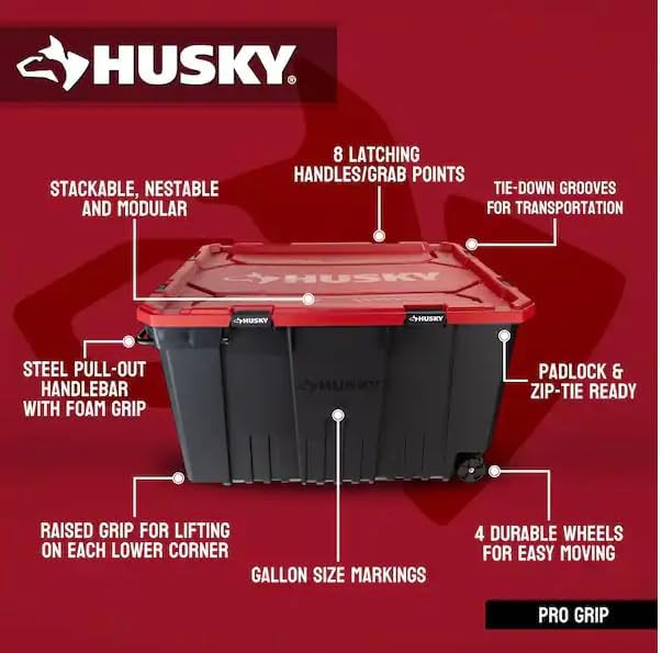 *Husky* 27 Gallon Pro Grip Storage Tote Heavy Duty Container with Red Lid and Black Base Stackable Utility Box