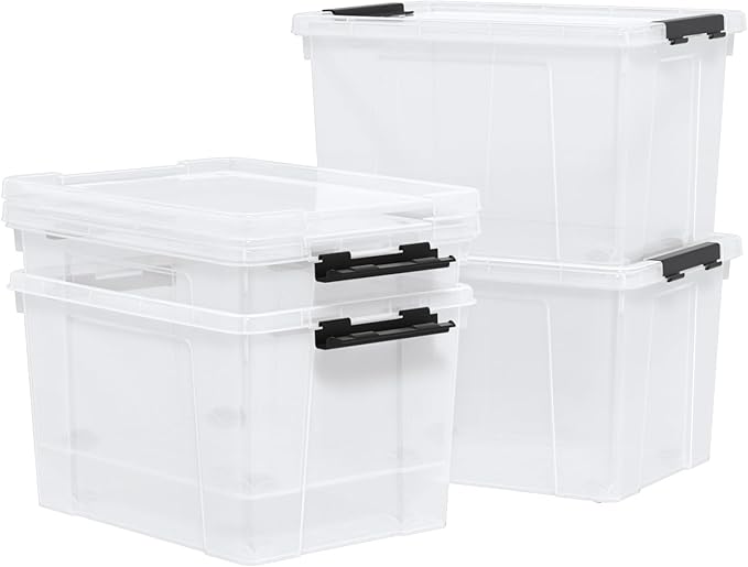 23 L Clear Latch Storage Bins with Wheels 4 Pack Plastic Latch Storage Box with Lids