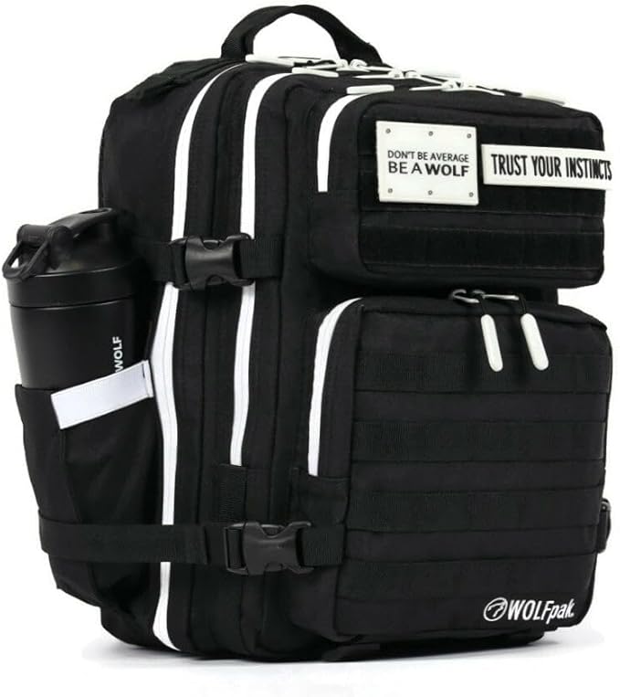 WOLFpak 25L Athletic Gym Backpack (Alpha Black w/White Accents) Durable 1000D Waterproof Oxford Material with MOLLE Webbing Laptop Pocket &amp Dual Cup Holders