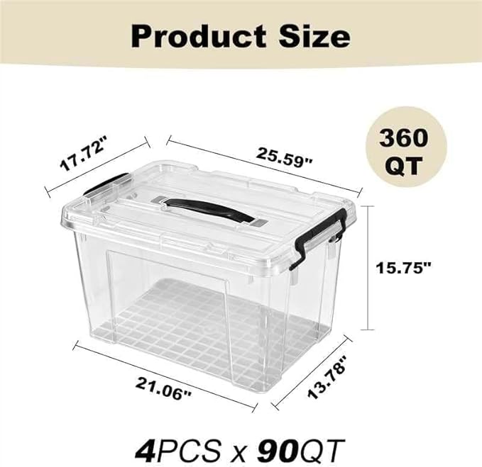 360 QT Clear Storage Bins with Lids 4 Pack 90 QT Heavy-Duty Stackable Plastic Organizer Containers BPA-Free See-Through Totes for Garage Home Office Closet &amp Toy Organization