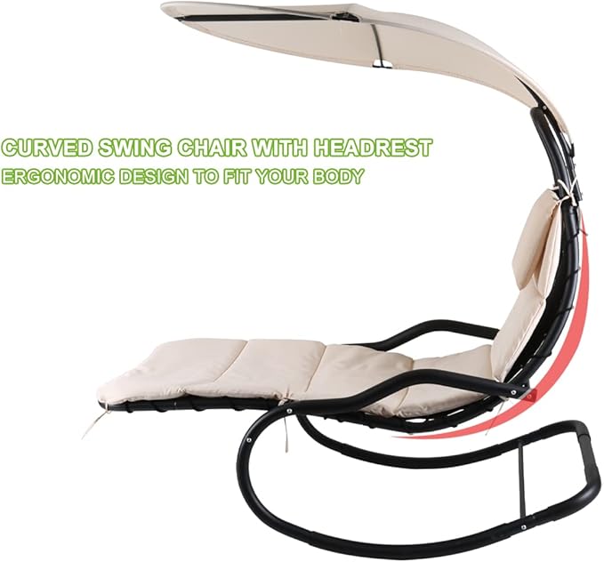 Outdoor Hammock Rocking Chaise Lounge Swing Chair with Stand and Canopy Porch Swing w/Soft Cushion Removable Headrest Outdoor Recliner Rocking Chair for Garden Backyard Poolside (Beige)