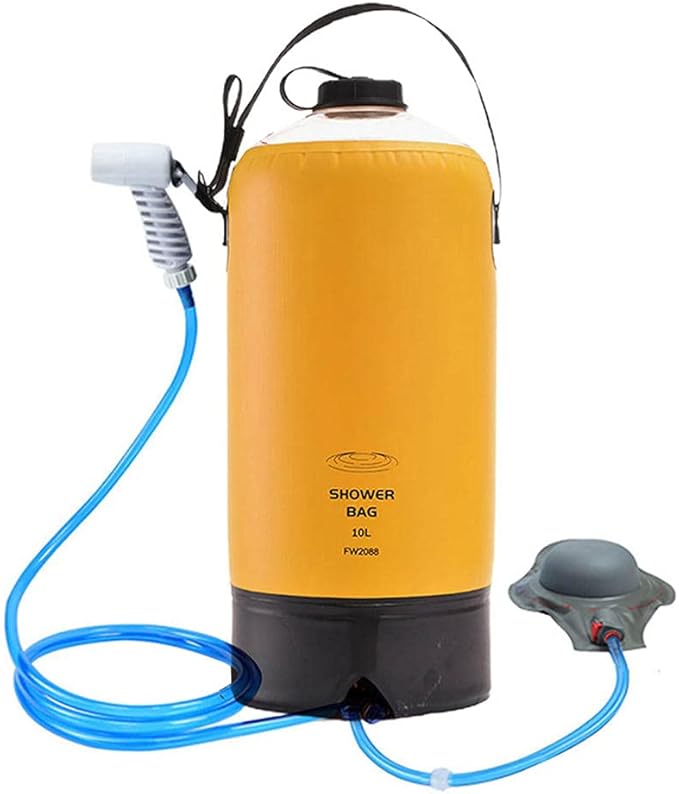 Portable Camping Shower Outdoor Solar Camp Shower Bag 10L/2.64 Gallons with Pressure Foot Pump and Shower Hose for Beach Camping Hiking Cycling Backpacking