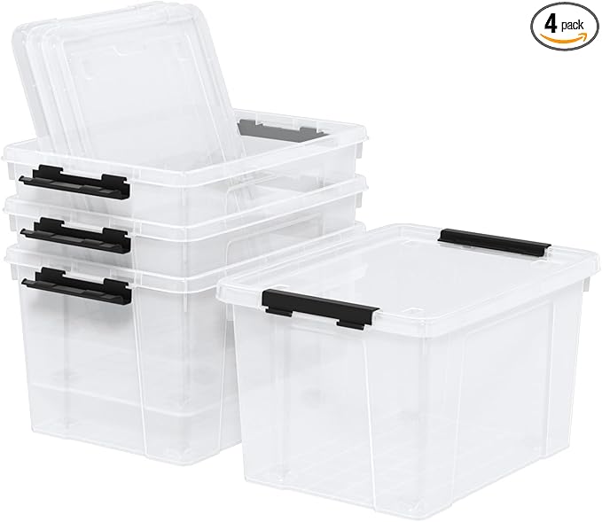 22 Quart Stackable Plastic Storage Bins with Lids and Latching Buckles 4 Pack Tubs Boxes Organizing Clear
