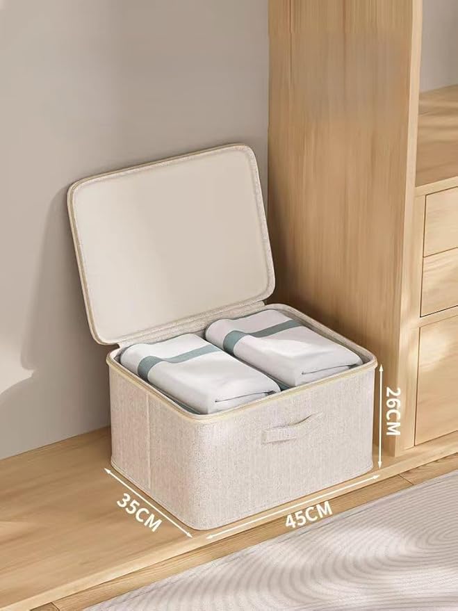 [3 Pack] Beige Cotton Linen Collapsible Storage Bins for Home Organization Waterproof Fabric Foldable Organizer Boxes 17.72 x 13.78 x 10.24 Inches Zippered Flap &amp Handle (Large)