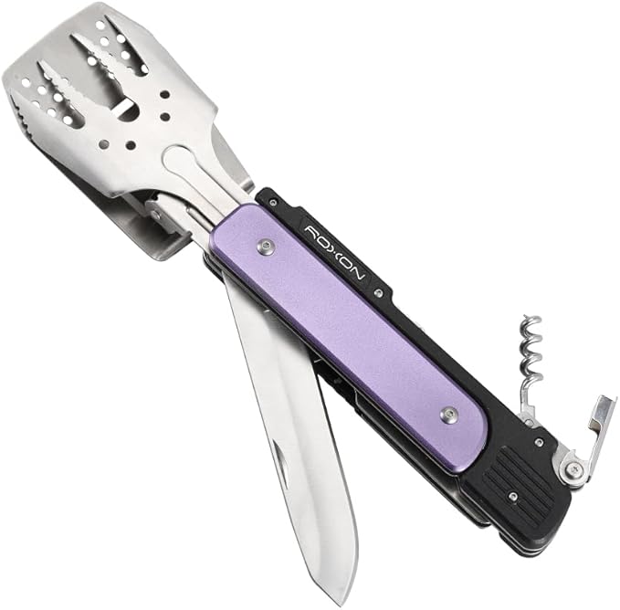 ROXON S601 14 6 in 1 MBT3 Folding Grill Utensils Set Fork Spatula Grilling Knife Tongs Opener for Backyard Barbecue and Camping (Purple)