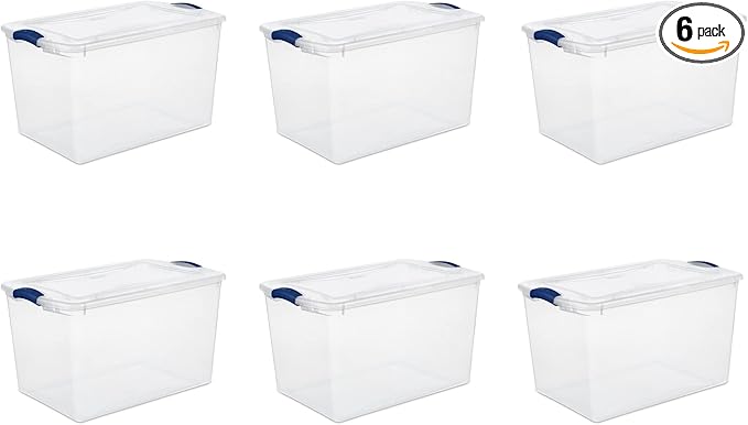 K&ampJ CHIPMUNK Storage Container Bin Storage Tote 64 Quart Clear Plastic Stackable Latch Box Tote with White Latching Lid Organizing Solution for Home &amp Classroom Blue Eclipse 6 Pack