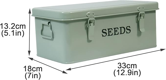 Seed Saving Box Metal Seed Bin Seed Storage Organizer Box Seed Packet Container with Lid Seed Envelope Storage Box 4 Compartments Garden Seed Bin with Safety Locks-Green