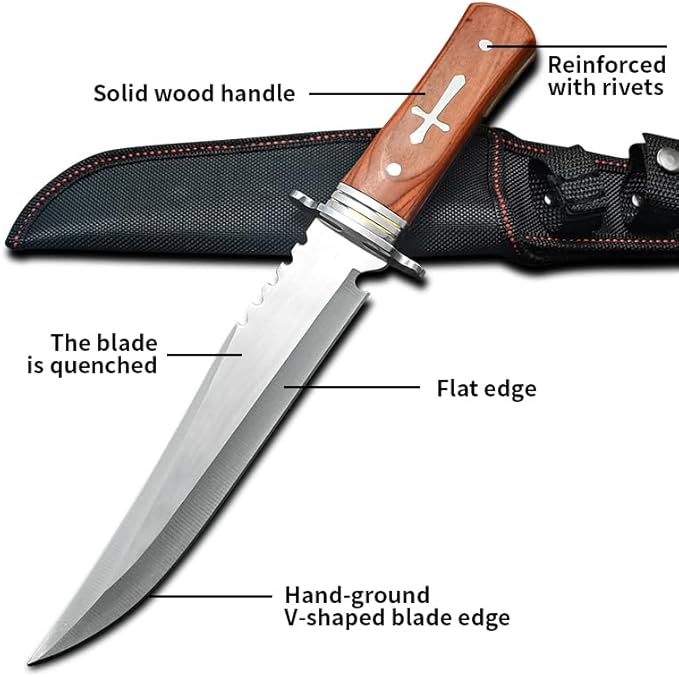 12.7 Fixed Blade Survival Knife with Sheath - Heavy Duty Stainless Steel Bowie Knife for Camping Hunting &amp Bushcraft - Large Solid Wood Handle Outdoor Tool with Sawback
