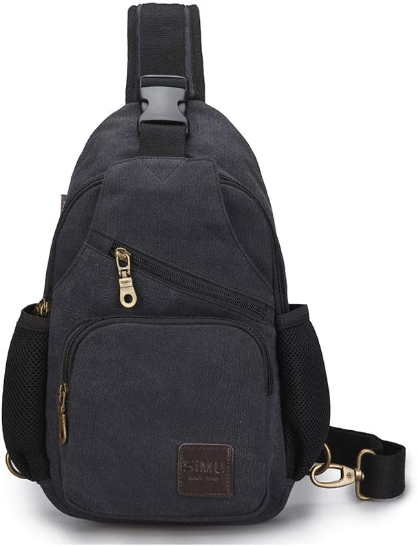 SIMU Sling Bag Pack Canvas Shoulder Sling Backpack Small Crossbody Chest Bag for ipad mini (Large black)