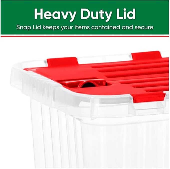 Superio Red Storage Box with Red Hinged Lids 4 Pack Plastic Container Bins for Organizing with Attached Lid Stackable Crates BPA Free Organizers for Home Office Dorm (4 27.5 Quart)