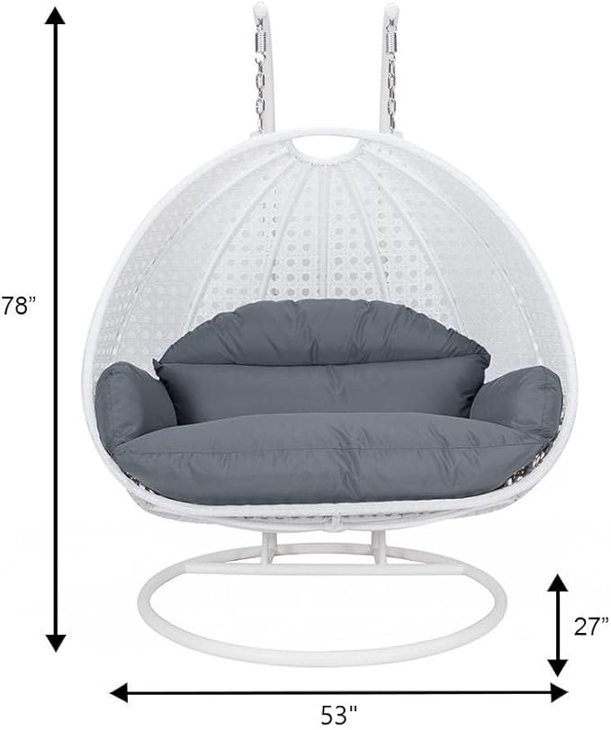 LeisureMod 2 Person Hanging Egg Chair Indoor Outdoor Patio Lounge Swing with White Stand &amp UV-Resistant Cushions Hammock Chair for Bedroom &amp Garden Dark Grey