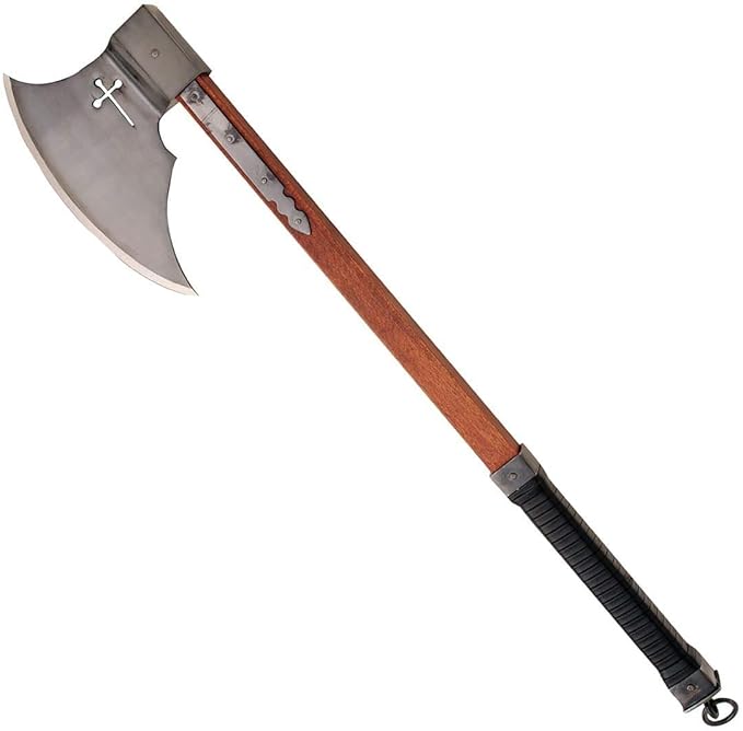 Windlass Hand-Forged Crusader Axe – High Carbon Steel Head with Pierced Cross Leather Grip &amp Cover 30 Medieval Battle Tomahawk for Hunting &amp Camping