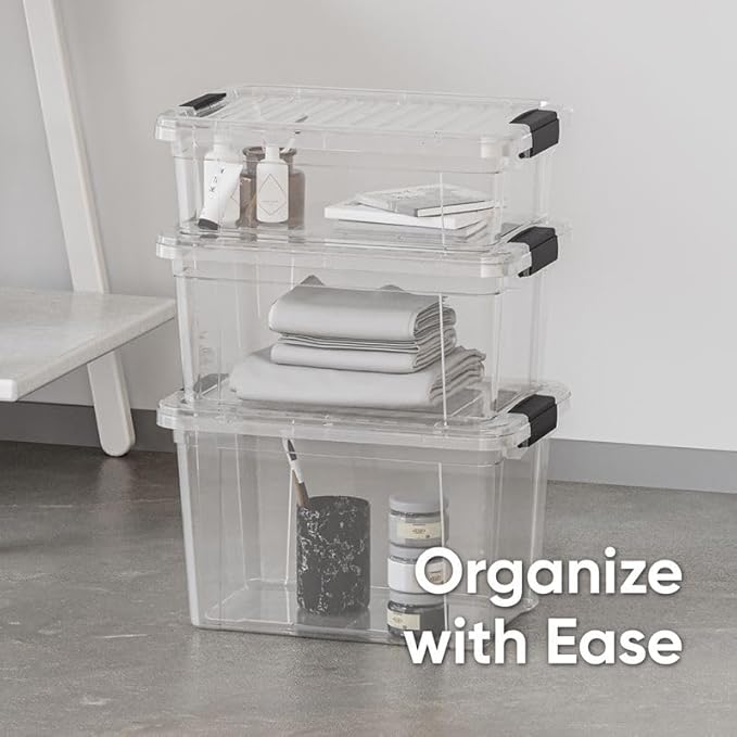 Superio Clear Storage Boxes with Lid 3 Pack Plastic Container Bins for Organizing Stackable Crates BPA Free Non Toxic Odor Free Organizers for Home Office School and Dorm (22.7 36 and 49 Qt)