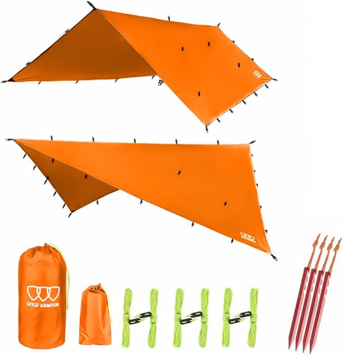Gold Armour Rainfly Tarp Hammock Premium 14.7ft/12ft/10ft/8ft Rain Fly Cover Waterproof Ultralight Camping Shelter Canopy Survival Equipment Gear Camping Tent Accessories (Orange 12ft x 10ft)