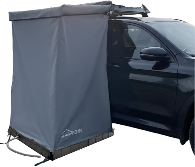 DANCHEL OUTDOOR Car Awning Shower Tent Room with Portable Shower Pan Camping Privacy Shelter Enclosure Overland Portable Changing Room w/LED Light 3.3ft x 3.3ft Gray