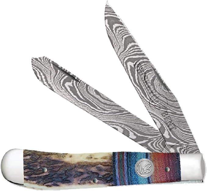 WHISKEY BENT HAT CO. Traditional Trapper Folding Pocket Knife 4.125 Closed Length 440C Stainless Steel Blades (Bandito - Damascus Blades)
