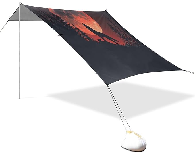 ALAZA Howling Wolf Red Moon Beach Tent Sun Shelter UPF50+ Protection Beach Shade Canopy w/ 4 Sandbags for Outdoor Camping Fishing Backyard Fun Picnic 10x9 ft