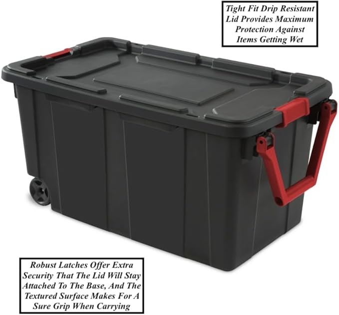 Black 40 Gallon Lidded Storage Bins Plastic Storage Tote With Ergonomic Handle And 2 Wheels Heavy Duty Design Perfect For Storing Camping Equipment Sports Gear Tools Workshop Supplies