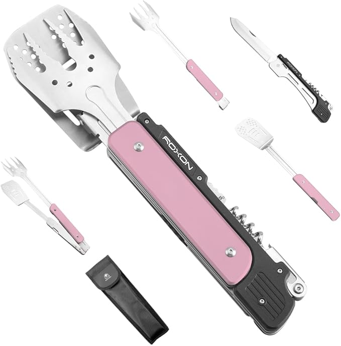 ROXON S601 14 6 in 1 MBT3 Folding Grill Utensils Set Fork Spatula Grilling Knife Tongs Opener for Backyard Barbecue and Camping (Pink)