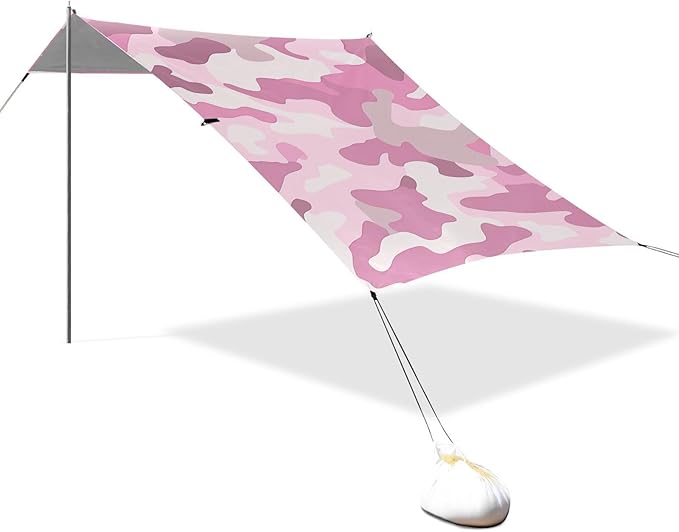 Silver Gray Foldable Beach Canopy UPF50 Lightweight Portable Sun Shelter with Sandbags Sand Shovel Poles for Camping Picnics Backyard