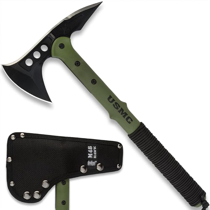USMC Tactical Tomahawk | 2Cr13 Stainless Steel Head | 3 7/8 Blade and Curved Spike | Fiberglass and Nylon Reinforced Handle | Cord Handle Wrappings | Custom Blade Sheath | 15 1/2 Overall Length