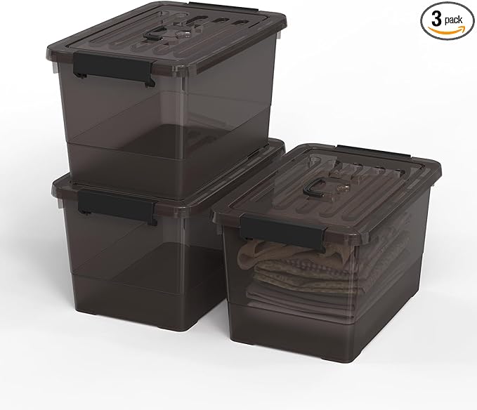 Plastic Storage Bins with Latching Lids.3 Packs Stackable Storage Containers for Organizing.Large Clear Black Storage Box for GarageClosetKitchen.17 QT