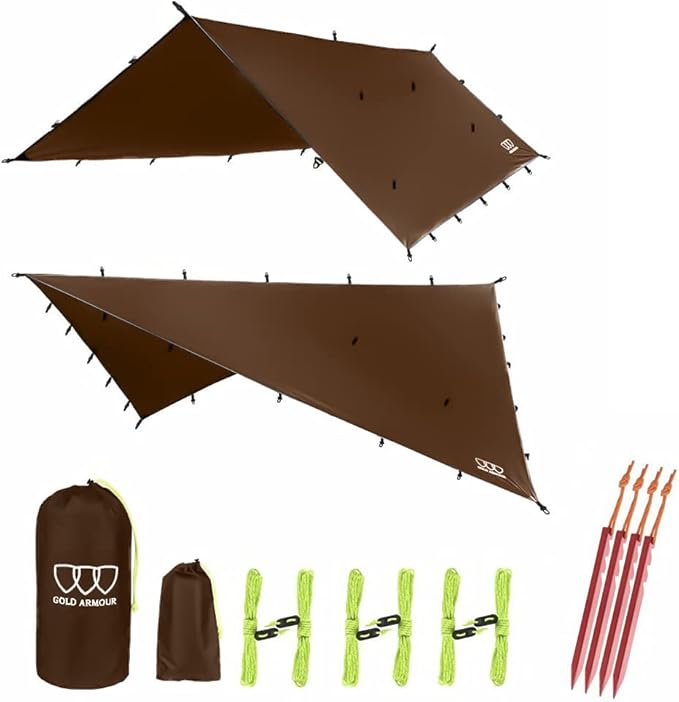 Gold Armour Rainfly Tarp Hammock Premium 14.7ft/12ft/10ft/8ft Rain Fly Cover Waterproof Ultralight Camping Shelter Canopy Survival Equipment Gear Camping Tent Accessories (Brown 10ft x 10ft)