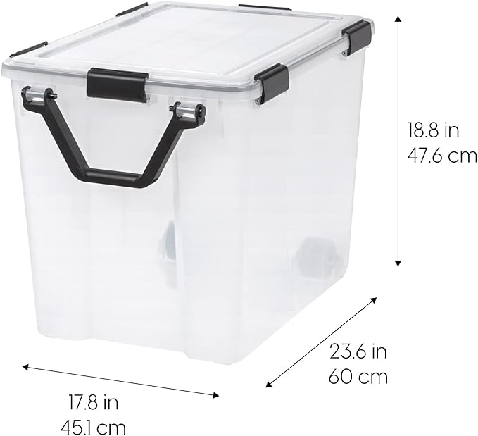 IRIS USA WeatherPro 103 Qt Storage Bins with Lids 2 Pack BPA-Free Plastic Gasket Box with Tight Latch and Seal Stackable Nestable Tote Tub - Clear/Black