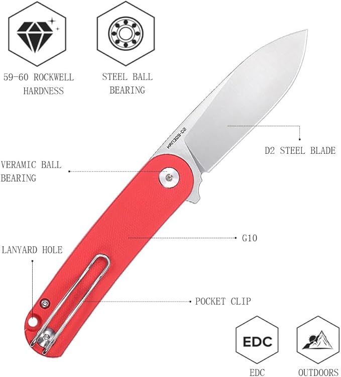 Small EDC Folding Pocket Knife with Clip for Woman - 2.76 Mini D2 Steel Satin BladeCamping G10 Handle Classic Design for Outdoor Hiking Working Man &amp Everyday Carry. Han309-RGS