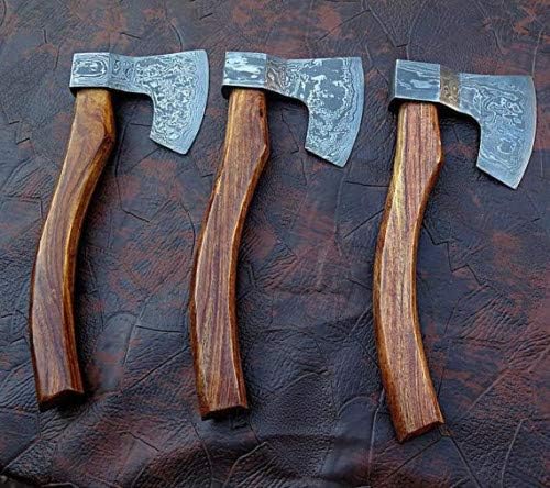 Lot of 3 Axe Damascus Steel 13 Rose Wood Handle Axe/Hand Forged Woodsman Axe