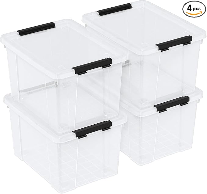 23 L Clear Plastic Storage Box with Lid Stackable Lidded Storage Bin Container with Wheels and Secure Latching Buckles 4 Packs