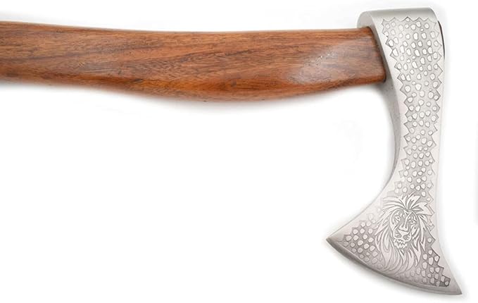 Hand Forged Viking Bearded Axe – 1075 High Carbon Steel Handmade Medieval Style Camping &amp Hunting Axe with Ash Wood Handle and Leather Sheath (Lion 1)