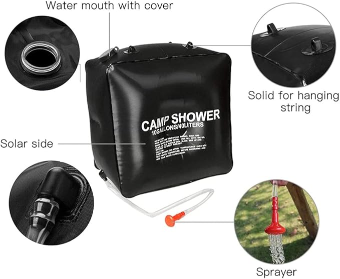 Solar Shower Bag 10Gallons/40L – Camping Shower Portable Solar Heating Bag with On/Off Switch Large Nozzle Shower Header for Outdoor Travel Swimming Beach Hiking Cycling Picnic