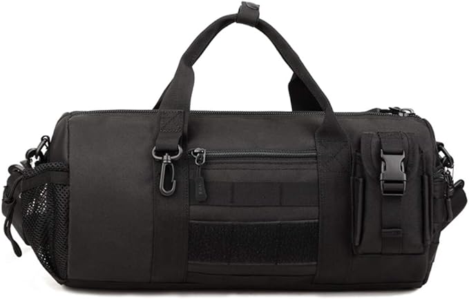 UNISTRENGH Tactical Duffle Cylinder Packs Tote MOLLE Handbag Gear Military Travel Carry On Shoulder Barrels Messenger Bags Small Valise (Black)