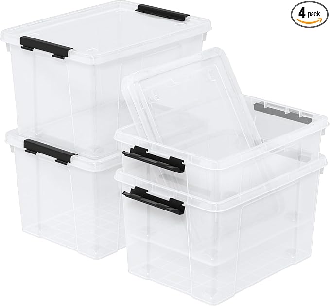 22 Qt Stackable Plastic Storage Bins with Lids 4 Pack BPA-Free See-Through Organizing Solution Latches Box Durable Nestable Containers Clear
