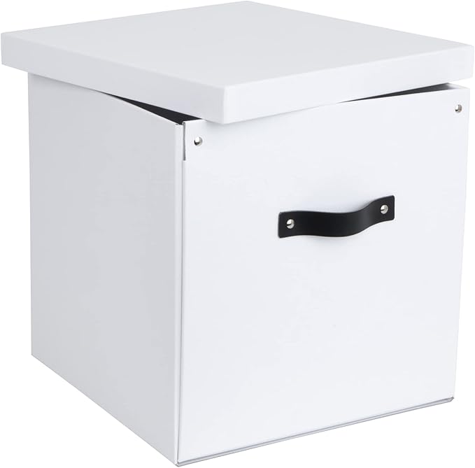 Bigso Logan Storage Box KD | Storage Cubes with Lid for Shelves and Cubical Room Organizers | Collapsible Storage Cube with Leather Handle for Organization | 12.4’’ x 12.4’’ x 12.2’’ | White