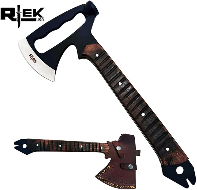 Rtek Tactical Axe &amp Hatchet with Leather Sheath – Full Tang Stainless Steel Wood Handle – Camping Survival Bushcraft Multi-Tool with Hammer Spike Nail Puller (12 14 19) (RT 1202-14 Inch)