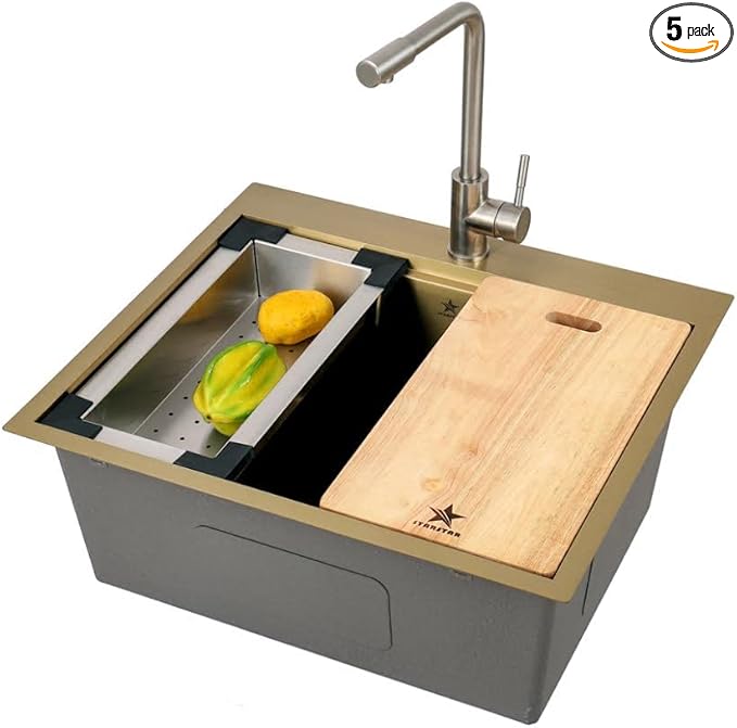 STARSTAR Workstation Ledge Topmount/Drop-in Single Bowl Satin Matte Stainless Steel Kitchen/Yard/Bar/Laundry/Office Sink With Grid Colander Cutting Board Strainer (25x22x10 Gold)