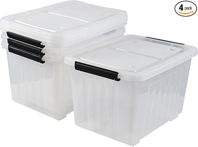 30 L Clear Plastic Storage Bin with Wheels Lidded Latching Box 4 Pack