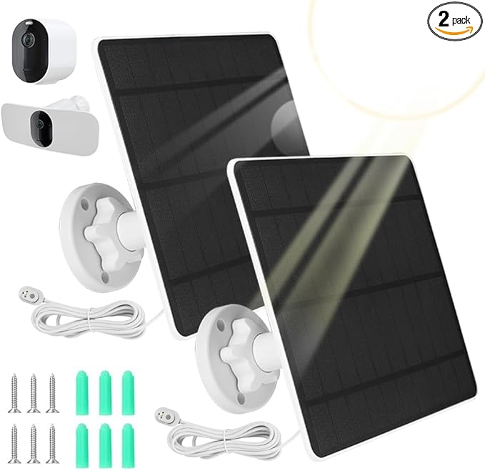 Solar Panel Charger Compatible with Arlo Pro 3/Pro 4/Pro 5S/Pro 3 Floodlight/Ultra/Ultra2 5W 5V Solar Panel Continuous Power Supply 9.8ft Cable IP65 Waterproof 360° Adjustable Bracket 2 Pack