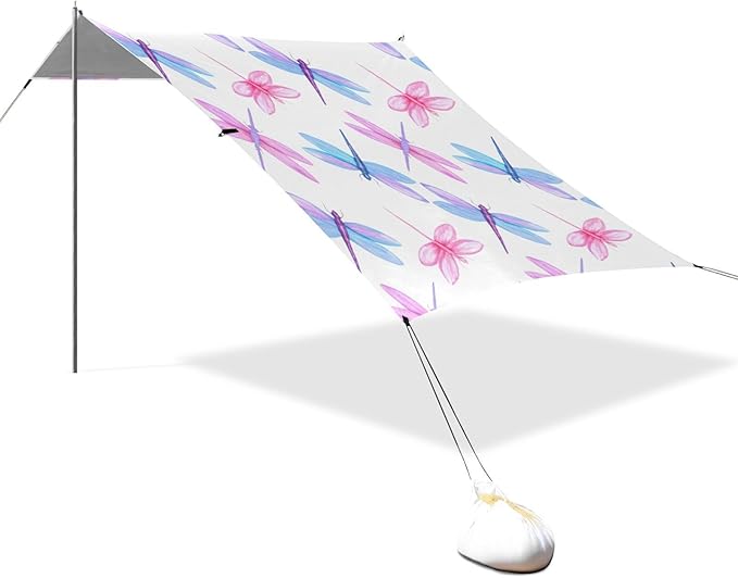 xigua Dragonflies Beach Tent Sun Shelter with Carrying Bag - Silver Coated Oxford Fabric Beach Canopy for Beach Camping Fishing - Includes Windproof Ropes Sandbags &amp Stakes