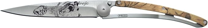 deejo - 37G Folding Pocket Knife with Belt Clip - Grizzly Design 3.7-Inch Stainless Steel Blade Brown Camo Handle - Lightweight Everyday Carry for Home Work and Outdoor Use