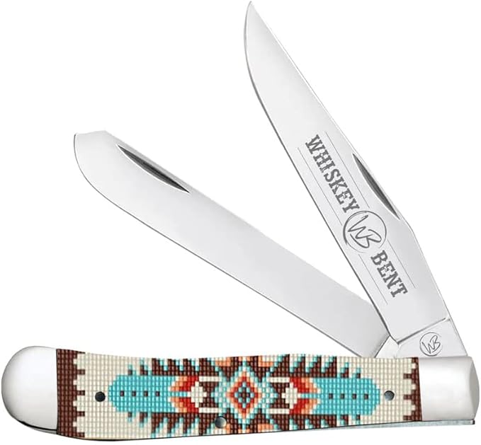 WHISKEY BENT HAT CO. Traditional Trapper Folding Pocket Knife 4.125 Closed Length 440C Stainless Steel Blades (Turquoise Bead)