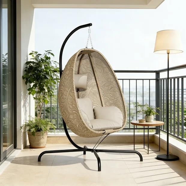 ALAULM Foldable Egg Chair with Stand 485LBS Capacity Textilene Hammock Swing Chair for Outdoor &amp Indoor Patio Hanging Chair with Strong Frame &amp UV Resistant Cushion for Balcony Bedroom Cre