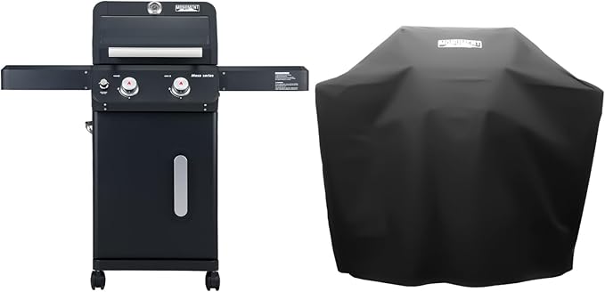 Monument Grills 2-Burner Foldable Stainless Steel Liquid Propane Gas Patio Garden Barbecue Grill with Clearview® Lid Knob Control Mesa220 with BBQ Cover