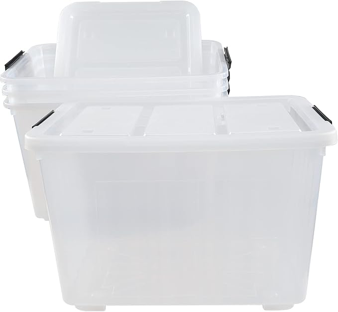70 Qt Stackable Plastic Storage Bins with Lids 4 Pack See-Through Organizing Containers Box Durable Nestable Containers Organize Shoes Closet Shelves Clothes Blankets Towels Clear