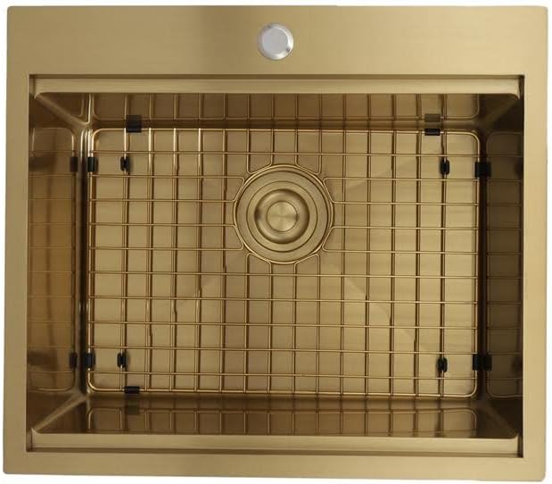 STARSTAR Workstation Ledge Topmount/Drop-in Single Bowl Satin Matte Stainless Steel Kitchen/Yard/Bar/Laundry/Office Sink With Grid Colander Cutting Board Strainer (25x22x10 Gold)