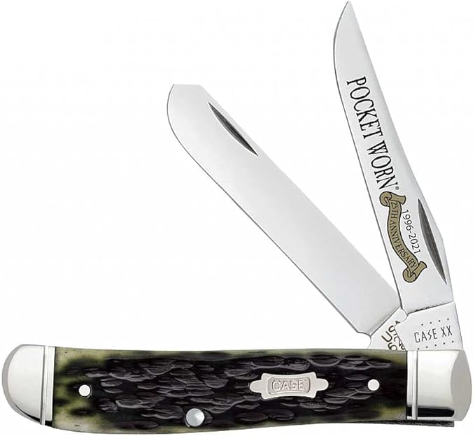 Case Knives CASE XX Pocket Worn 25th Anniversary Olive Green Bone Peach Seed Jig Mini Trapper CA38194